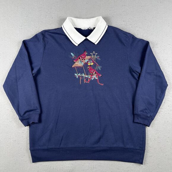 Vintage Grandma Sweater Womens Large Blue Cardinal Bird House Embroidered Collar - Picture 1 of 16